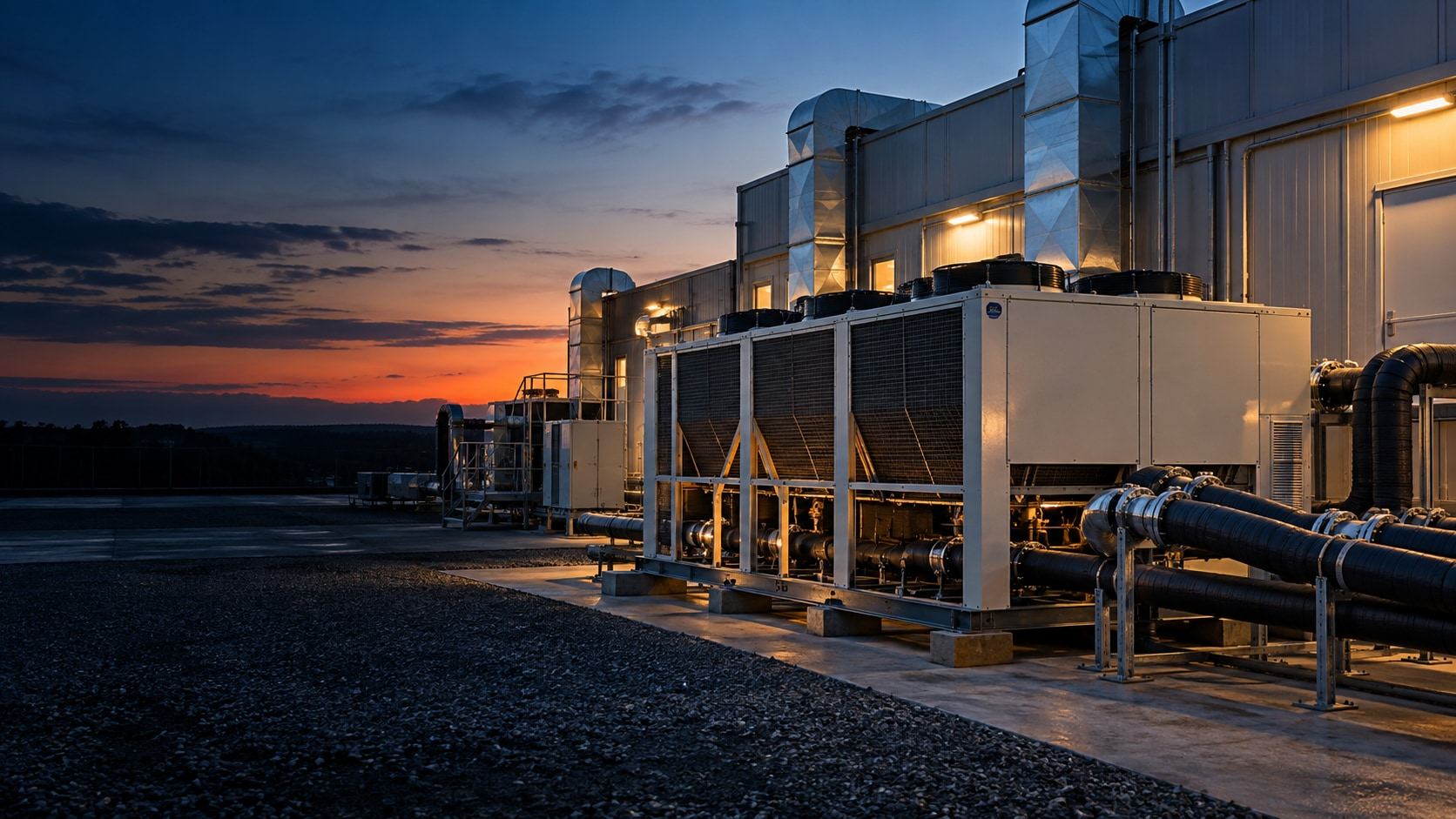 Concept image: mobile HVAC units with ducting next to modular buildings at dusk.
