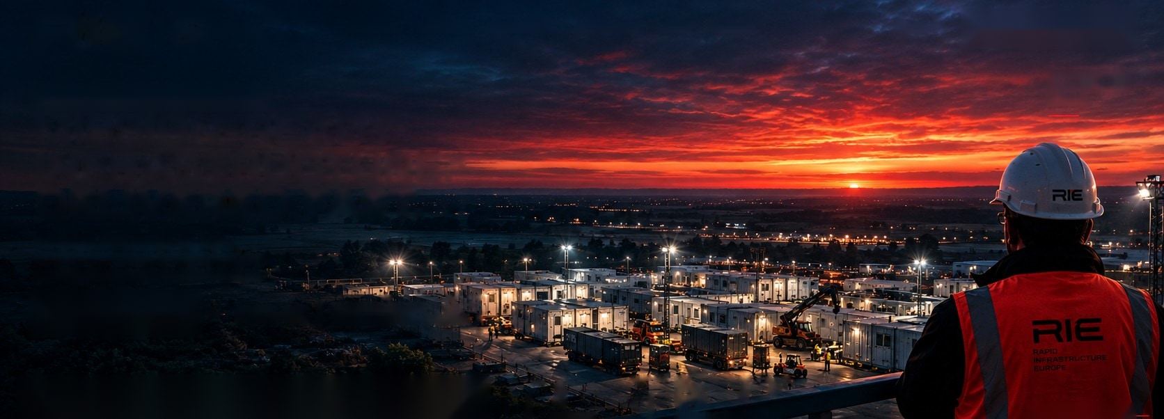 Concept image: modular accommodation units, a truck and technical equipment on an operational site at dusk, with staff in high-visibility clothing.