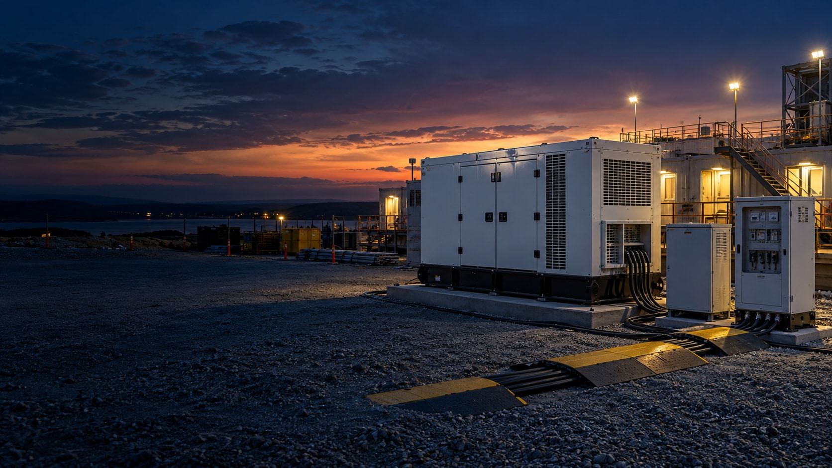Concept image: containerised generator with distribution cabinets and cable protectors on a gravel site at dusk.